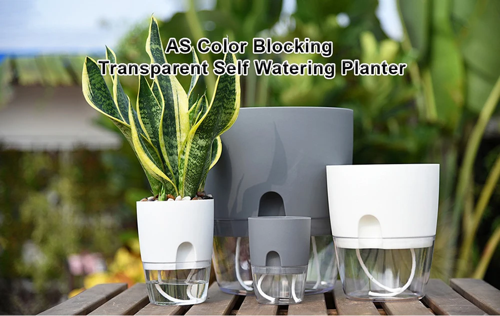 Transparent Double Layer Plastic Flower Pot Self Watering Flowerpot Cotton Rope Watering Plant Pot with Injection Port