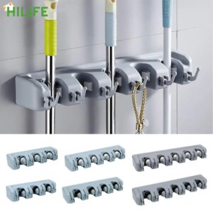 Wall-mounted mop and broom holder with 5 positions